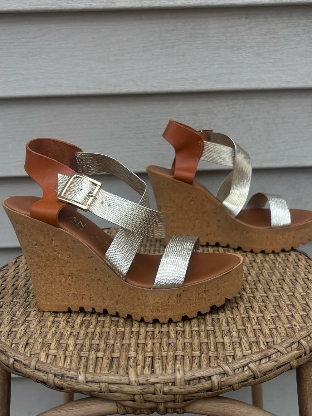 Italian Shoemakers Silver and Brown Cork Wedge Sandals